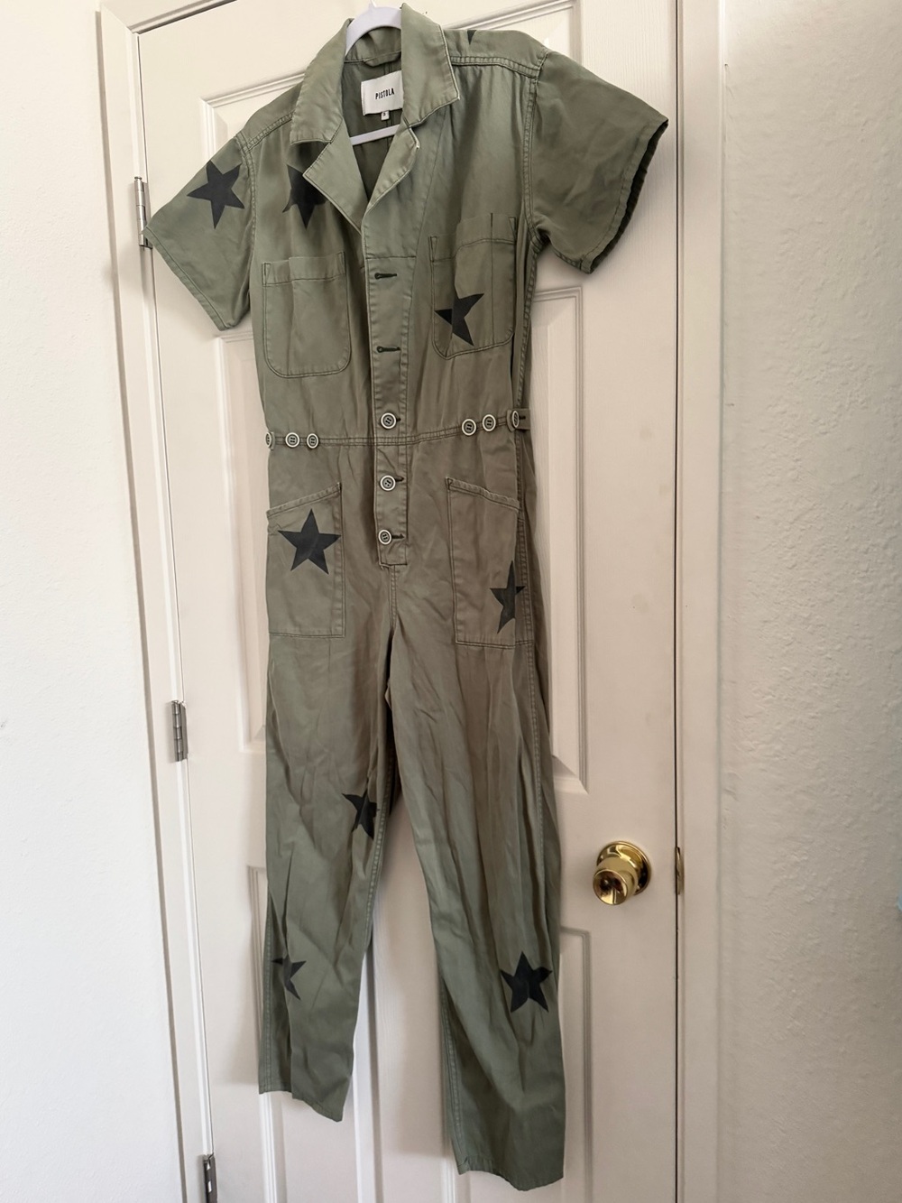 Pistola Jumpsuit Brand New Olive Green Star-Print Short-Sleeve